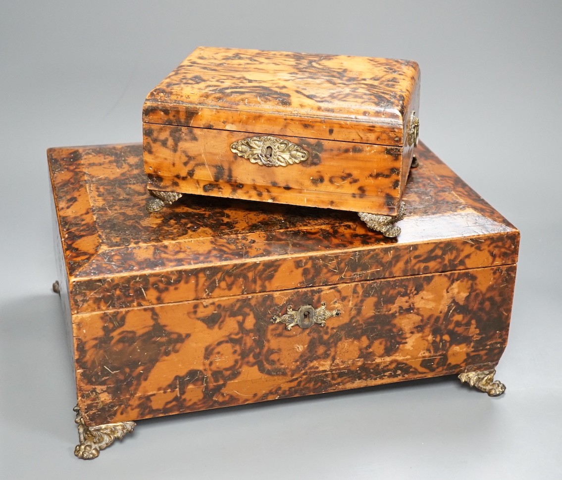 Two William IV simulated tortoiseshell pokerwork sewing boxes - largest 35.5cm wide, 15.5cm tall, 26cm deep